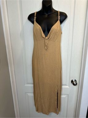 Sleeveless Tan Midi Dress with Front Tie sz L | minimalist